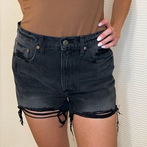 Pistola Denim Maeve Super High Rise Cut Off in Night Hour, black jean shorts